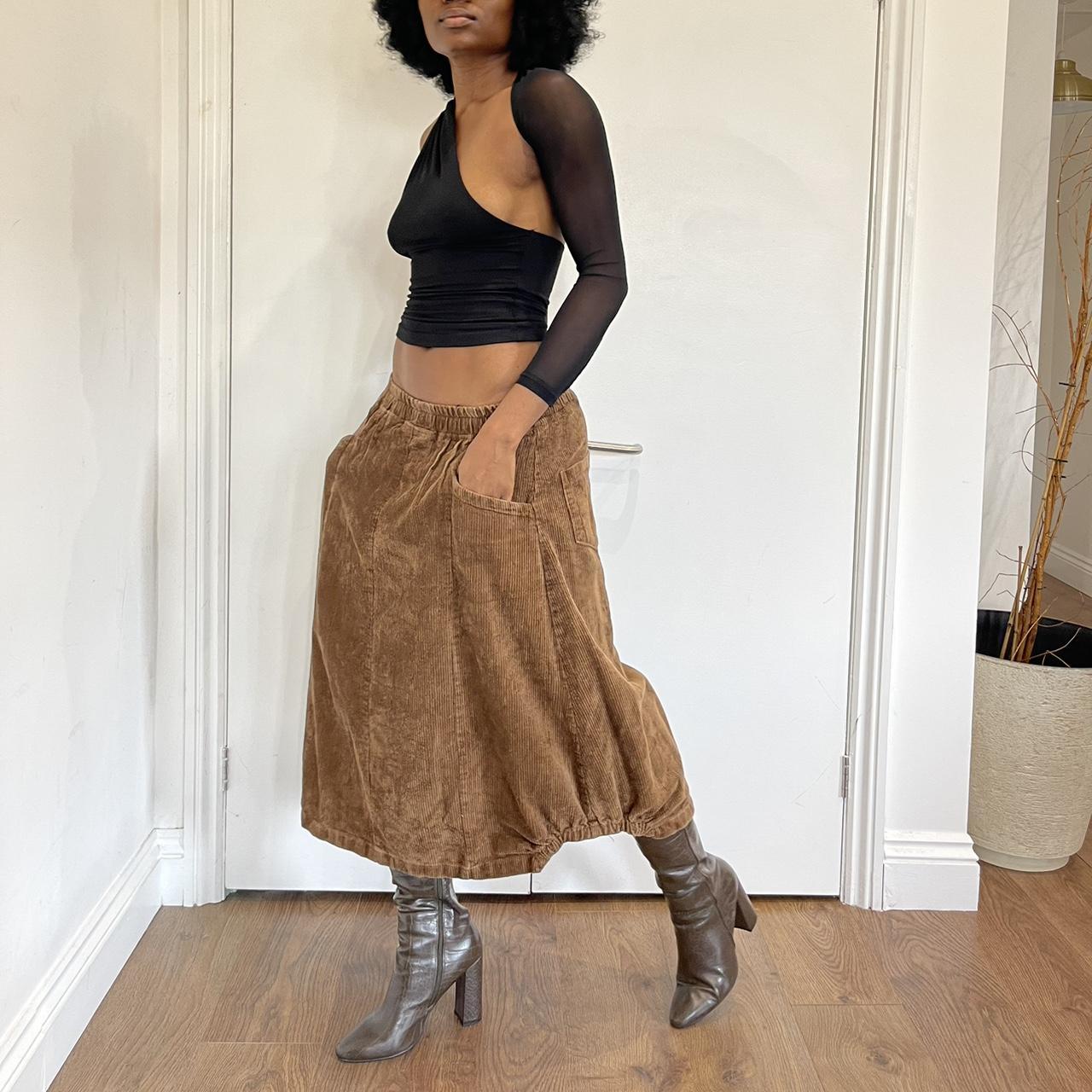 Brown corduroy midi skirt with pockets 8-10uk