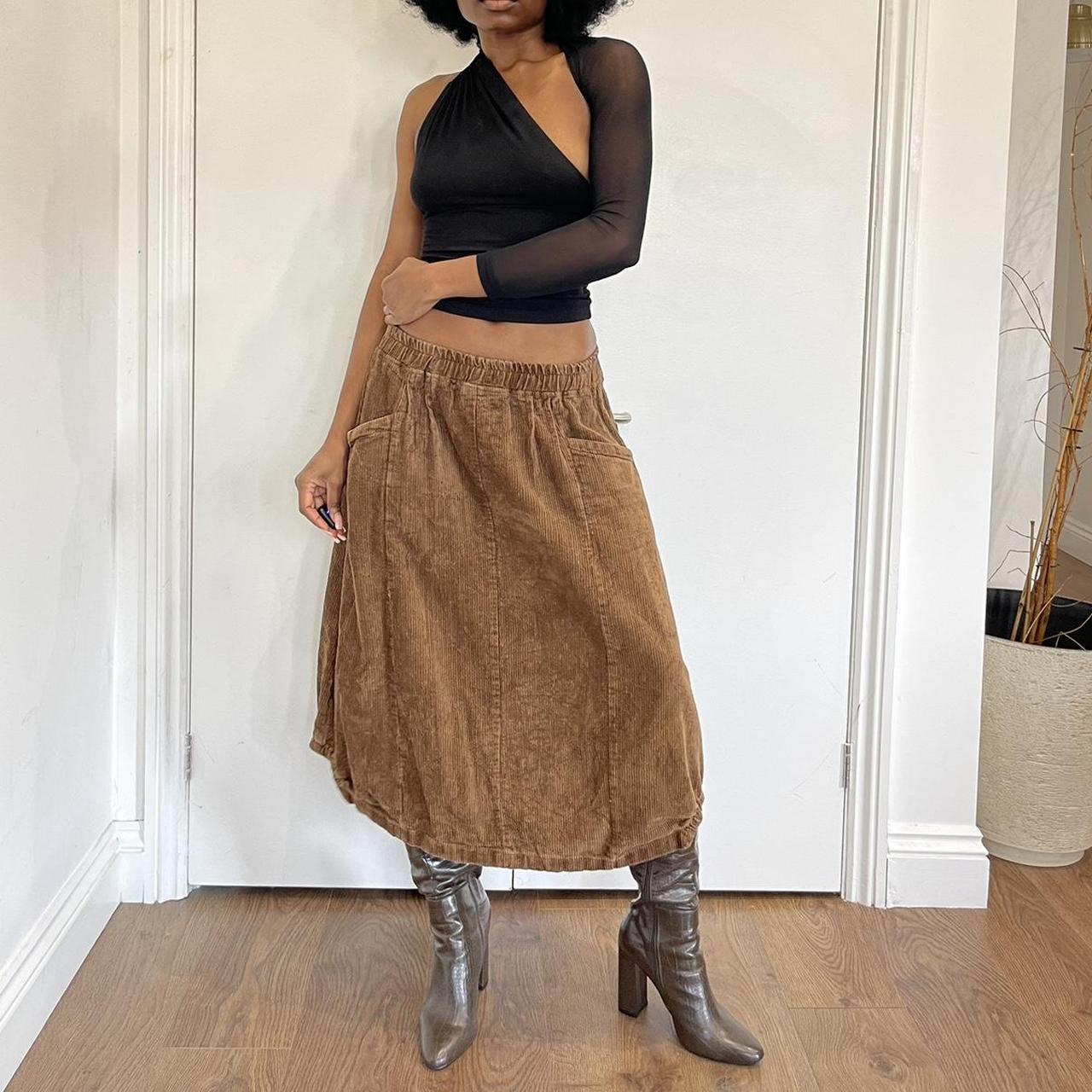 Brown corduroy midi skirt with pockets 8-10uk