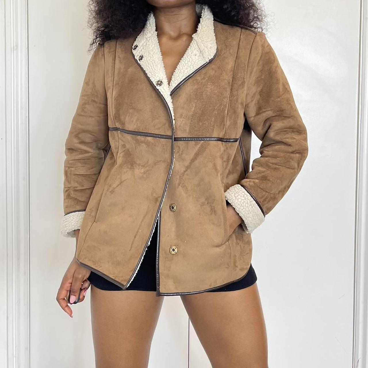 Brown suede and cream faux suede jacket with a preppy vibe