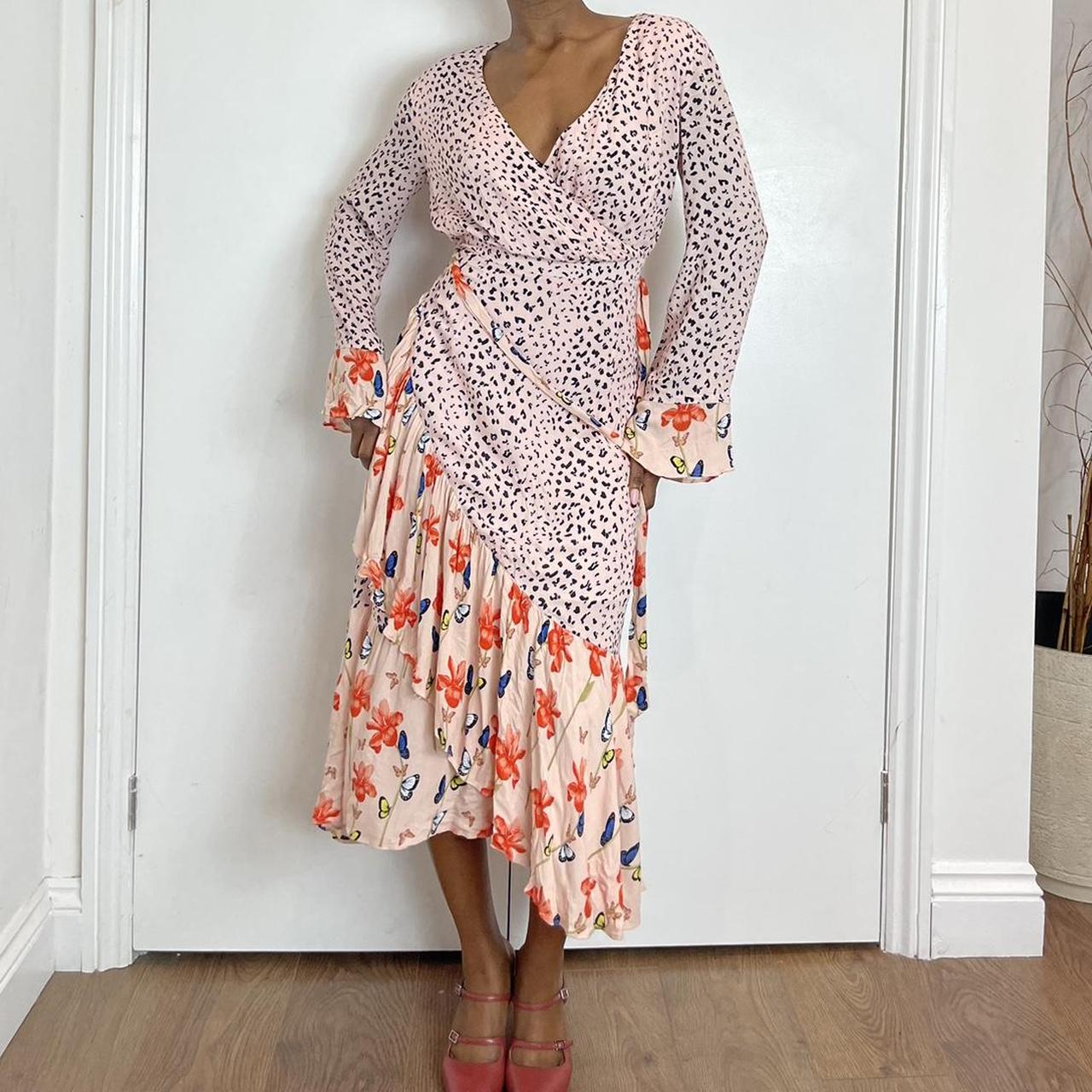 Dark pink floral midi dress with flared sleeves