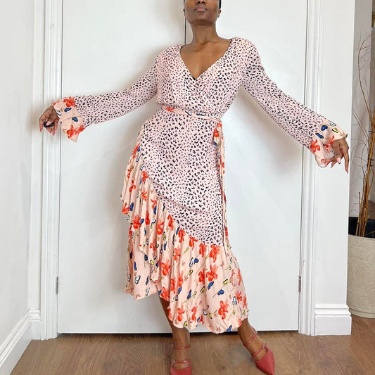 Dark pink floral midi dress with flared sleeves