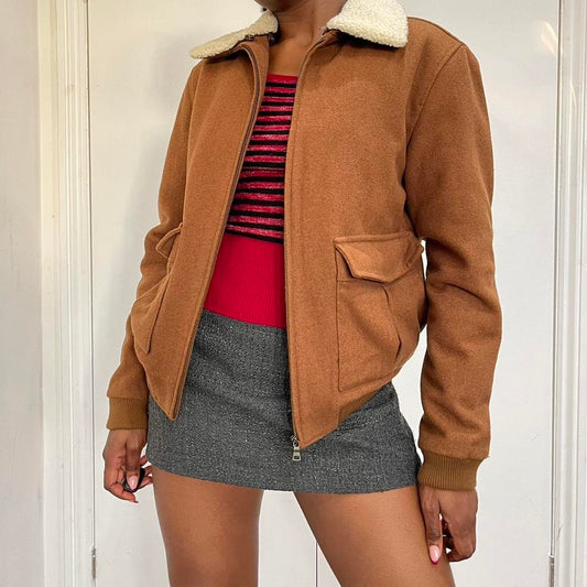 Brown and cream wool bomber jacket with faux fur collar and cuffs