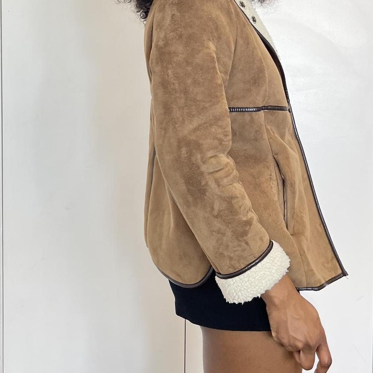 Brown suede and cream faux suede jacket with a preppy vibe