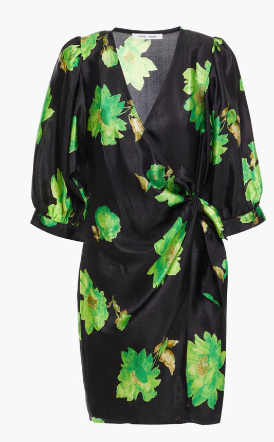 Mini black and green floral wrap dress