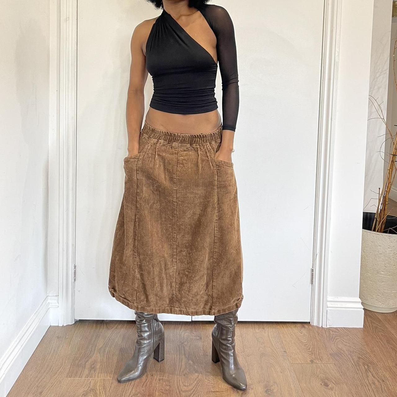 Brown corduroy midi skirt with pockets 8-10uk