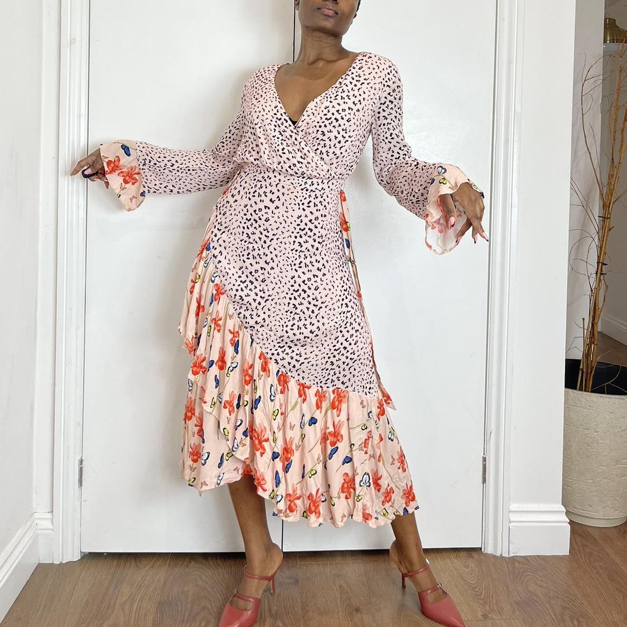 Dark pink floral midi dress with flared sleeves