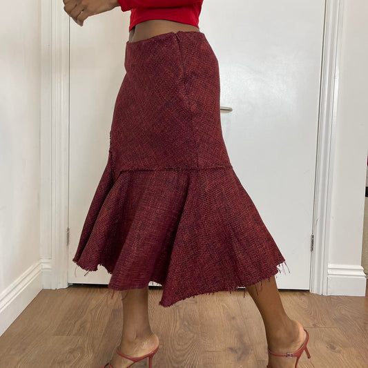 Burgundy and red wool blend midi skirt