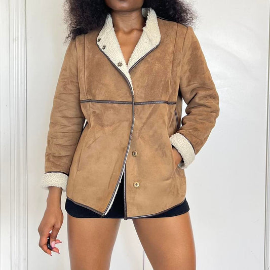 Brown suede and cream faux suede jacket with a preppy vibe